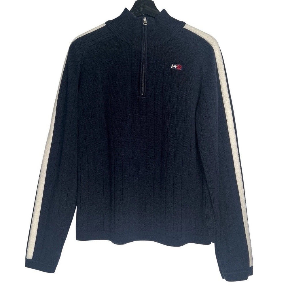 Abercrombie & Fitch Mens Navy Blue Ribbed Quarter Zip Pullover Sweater Stripe M